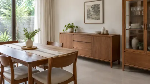 Ruang makan dengan meja kayu dan lemari penyimpanan di belakangnya