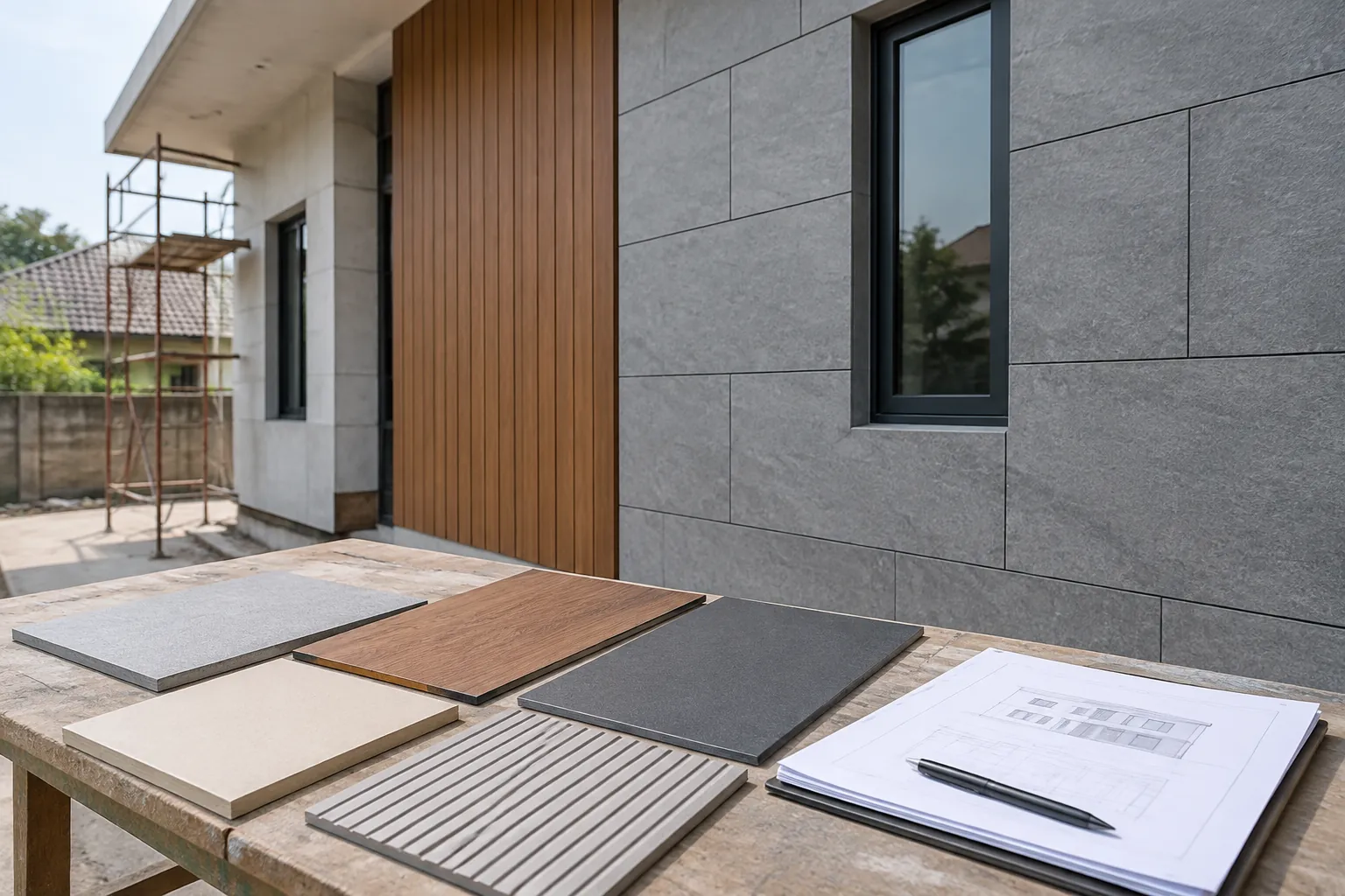 Contoh panel material fasad diletakkan di depan dinding luar rumah
