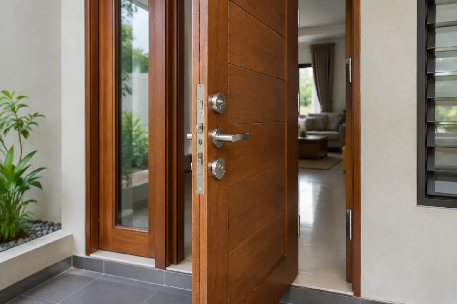 Pintu masuk kayu dengan perangkat kunci dan kusen terlihat