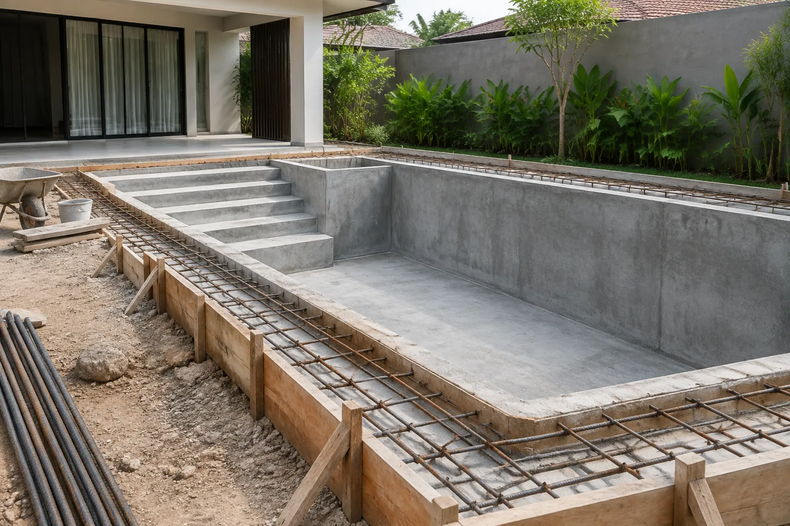 Struktur kolam beton dalam tahap pembangunan