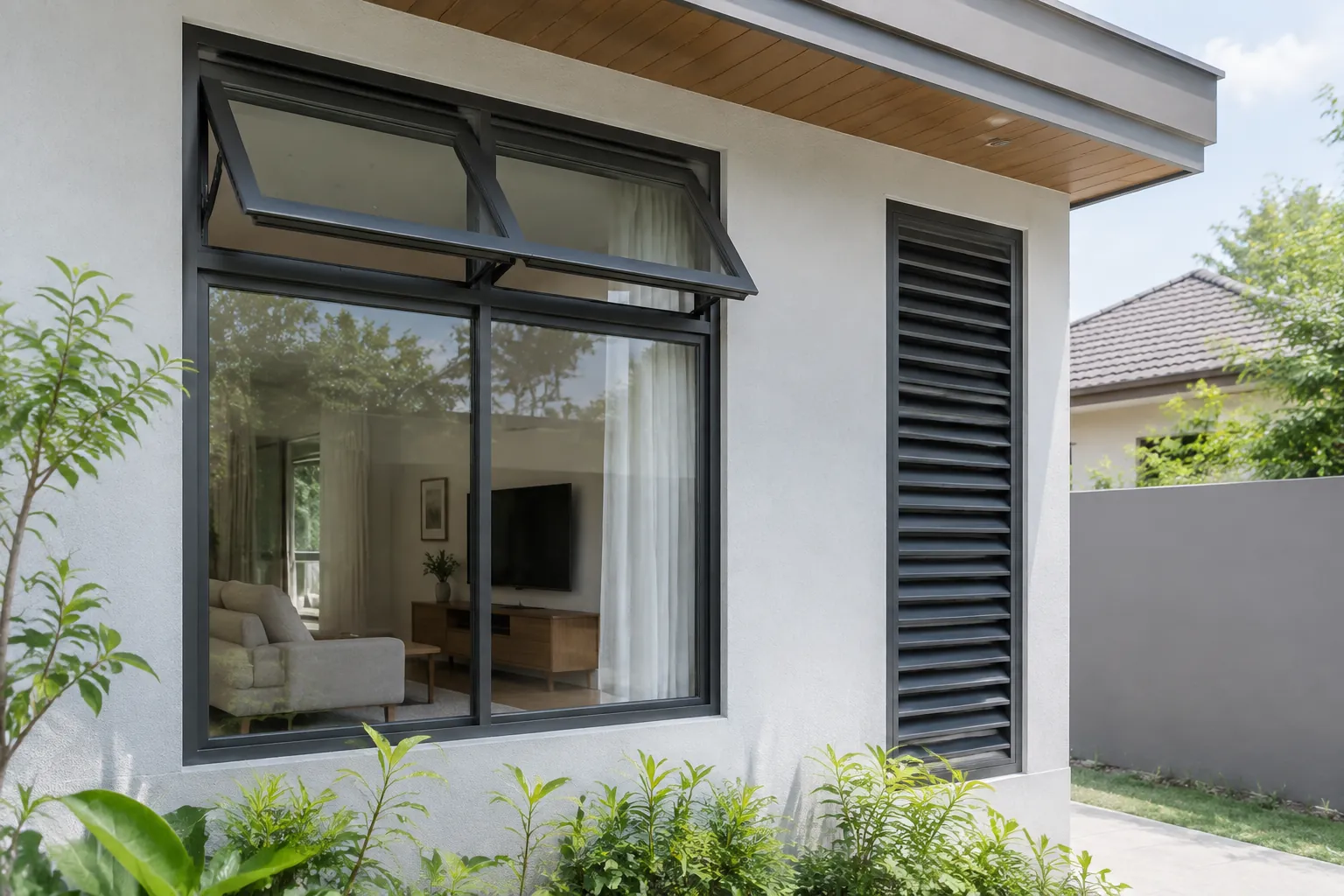 Jendela ayun terbuka di samping kisi ventilasi fasad