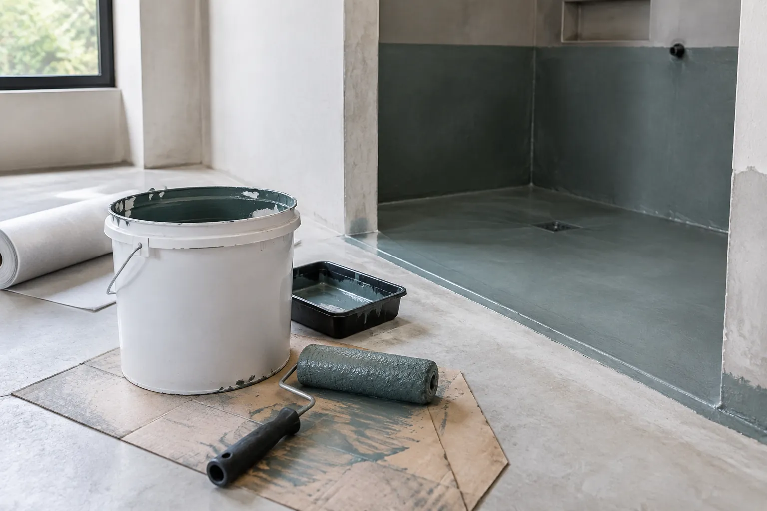 Bahan pelapis diletakkan dekat area shower yang masih dikerjakan