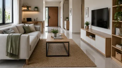 Ruang tamu memanjang dengan sofa, meja kecil, dan televisi