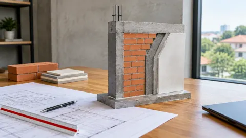 Model potongan dinding bata dan beton di atas gambar kerja