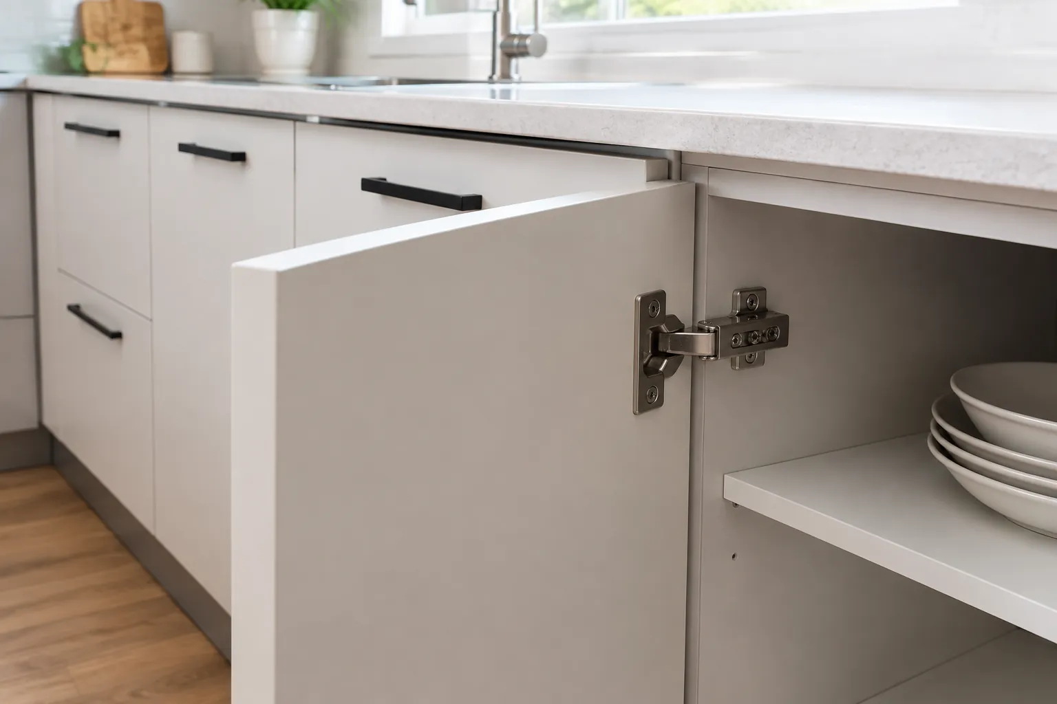 Engsel pintu kabinet pada kitchen set terpasang