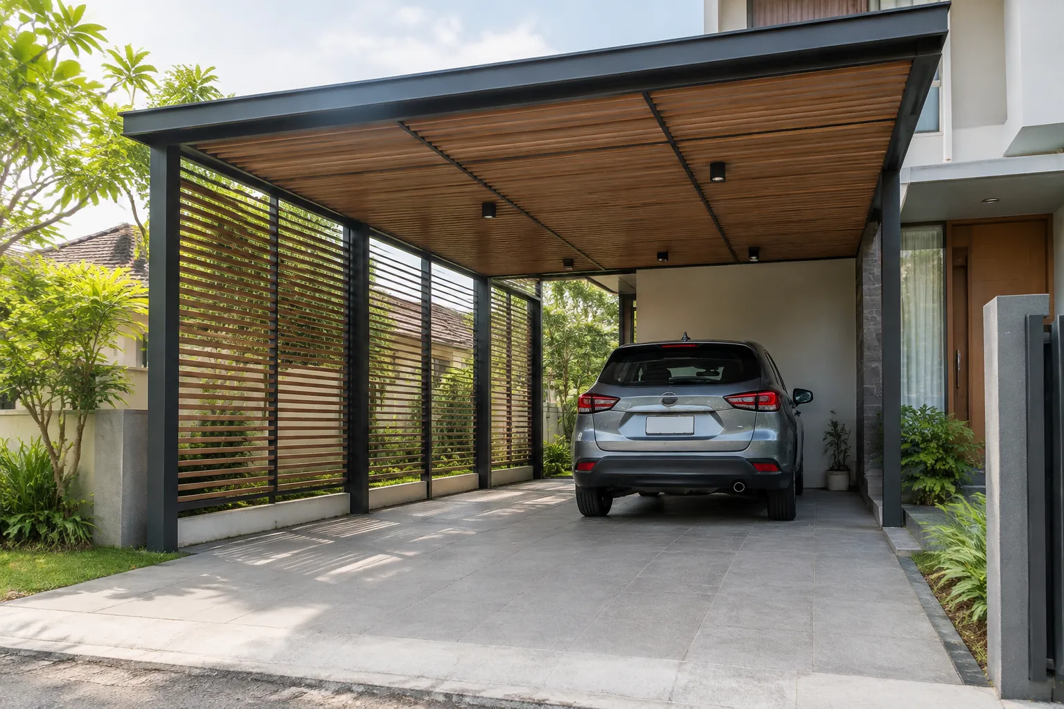Kisi samping memberi naungan pada carport tanpa menutup seluruh sisinya