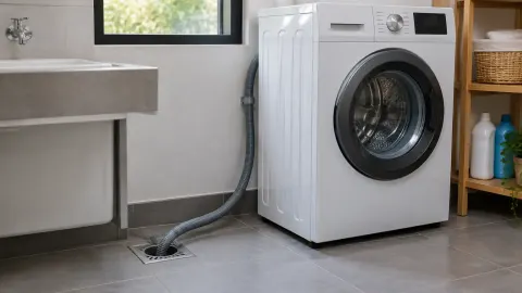 Selang pembuangan mesin cuci pada lantai ruang laundry