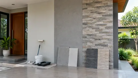 Dua jenis finishing dinding teras berdampingan pada fasad rumah