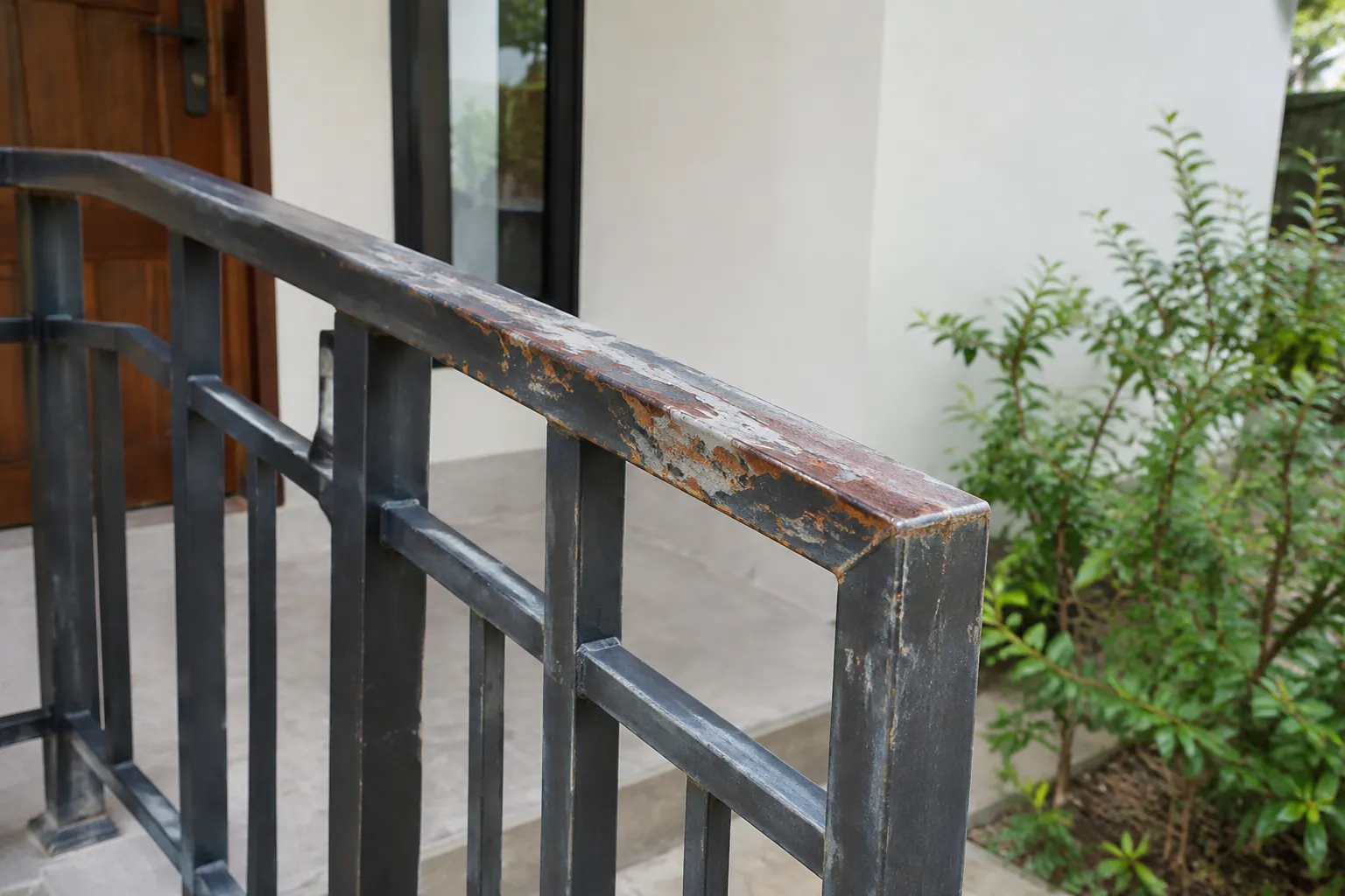Finishing pada railing luar ruang tampak rusak dan berkarat