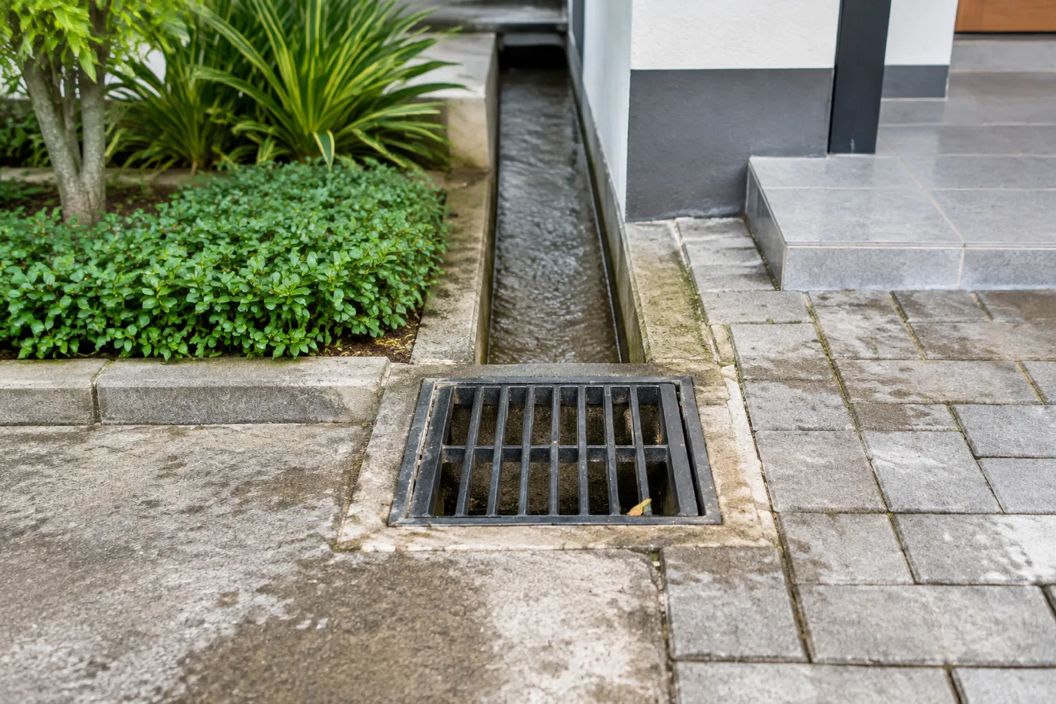 Kisi dan saluran drainase di tepi jalan permukiman