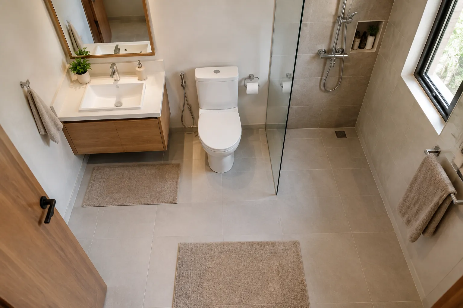 Tata letak kamar mandi dilihat dari atas dengan pintu, kloset, dan wastafel
