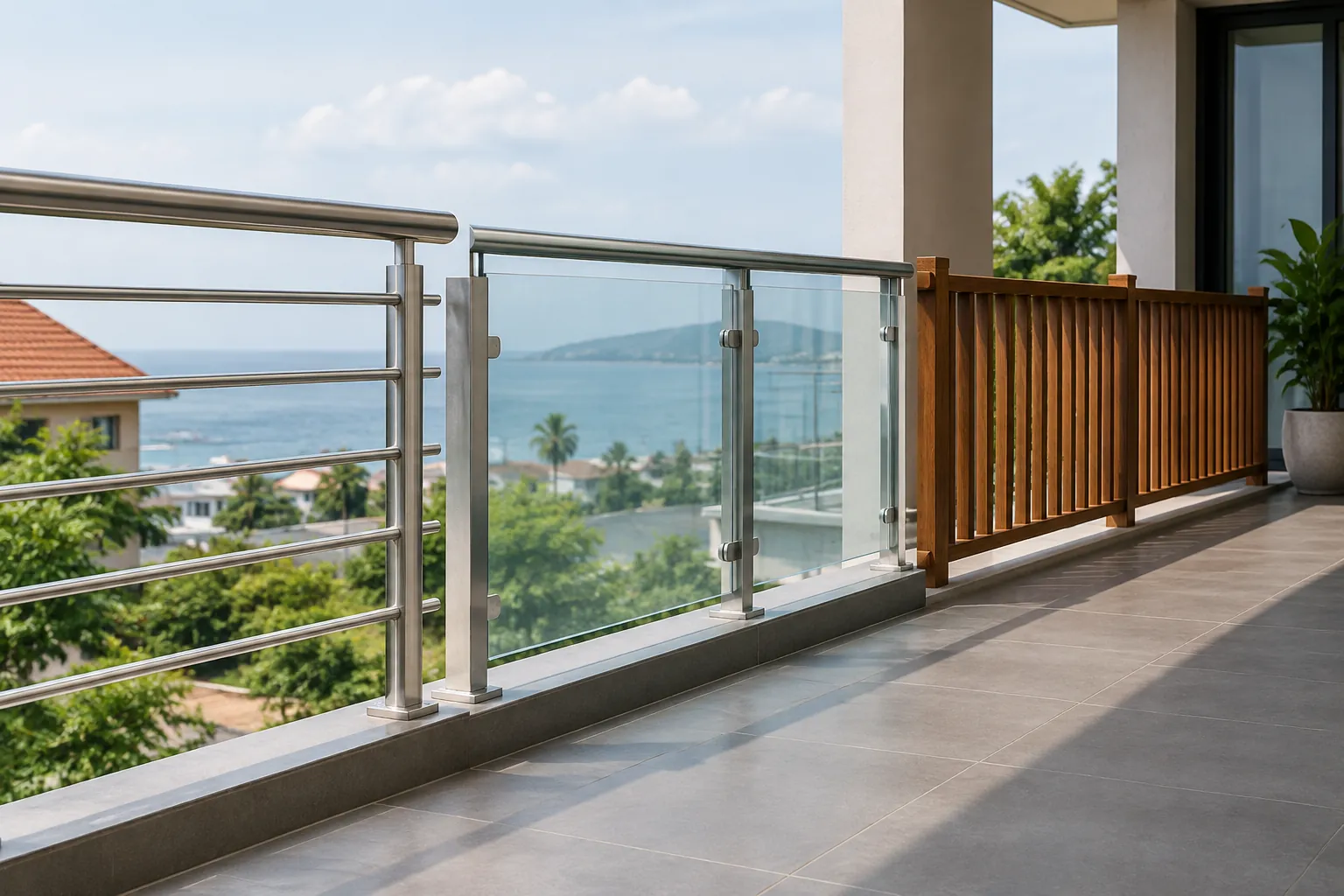 Pagar balkon menggabungkan kaca, logam, dan panel kayu