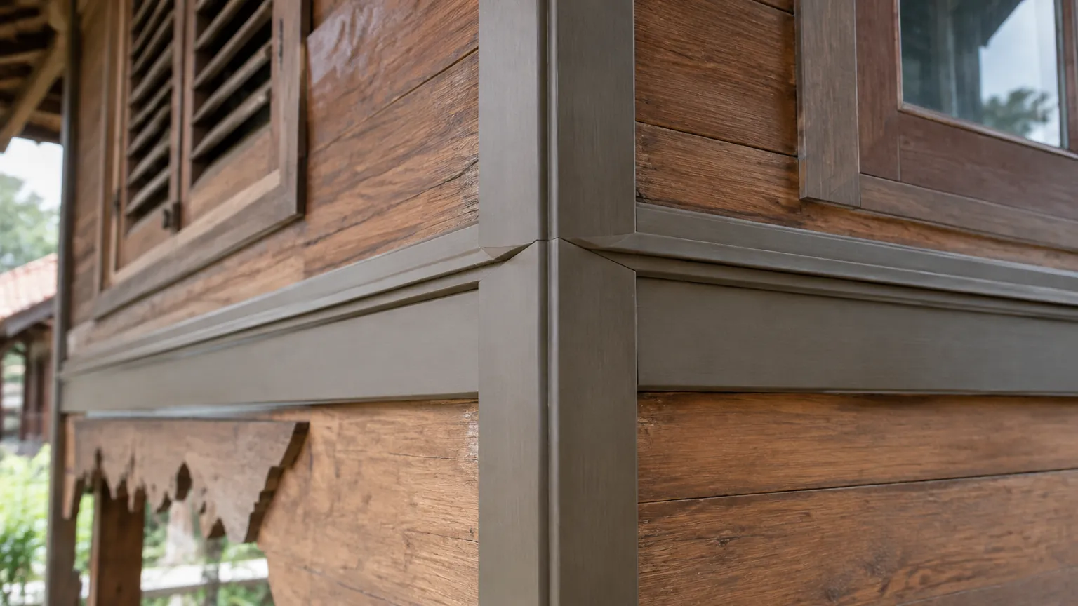 Trim kayu pada sudut dinding rumah tradisional