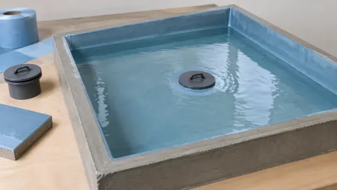 Air ditampung di area uji lapisan waterproofing biru