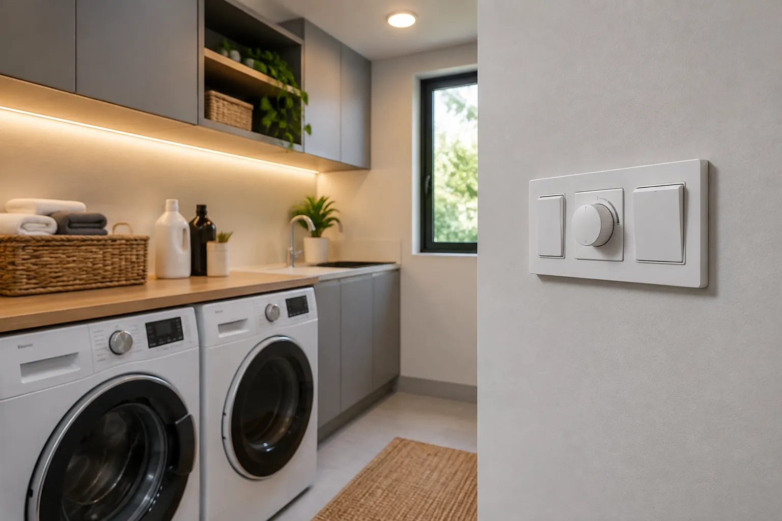 Saklar putar dan saklar dinding di dekat ruang laundry