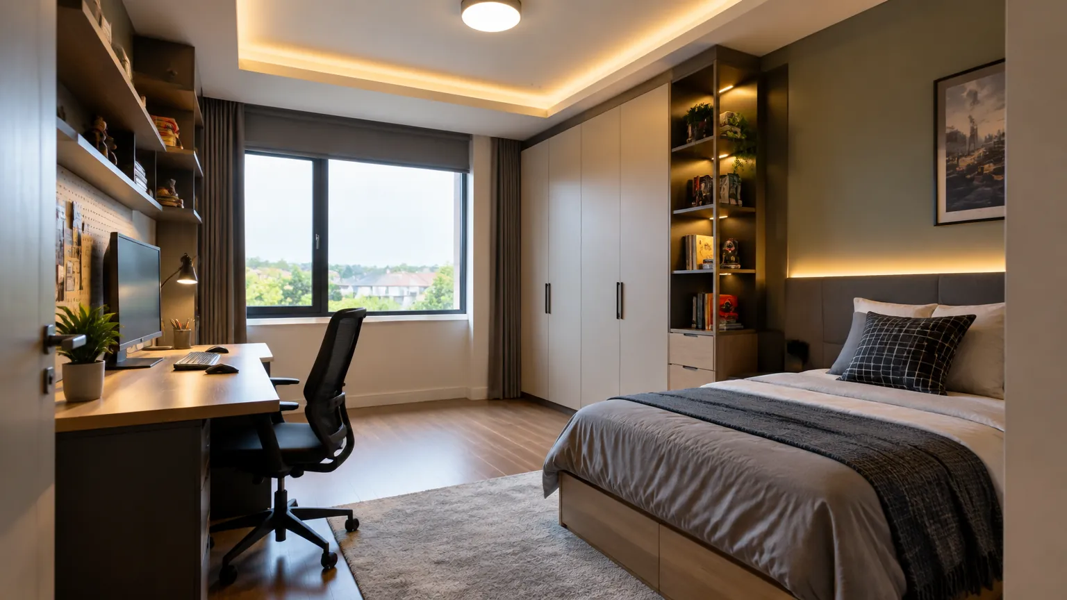 Kamar remaja dengan meja kerja, rak, dan tempat tidur