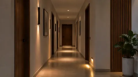 Lorong tanpa jendela dengan lampu dinding hangat
