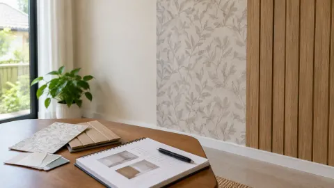 Dinding rumah dengan wallpaper dan pelapis kayu