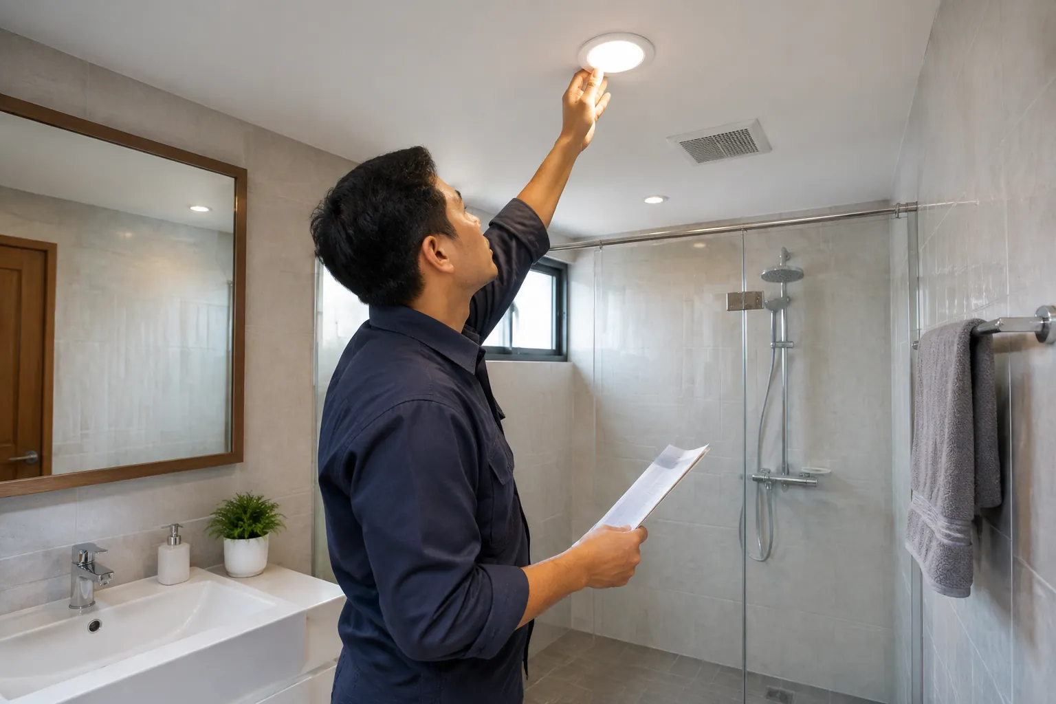 Orang menjangkau lampu plafon di kamar mandi.