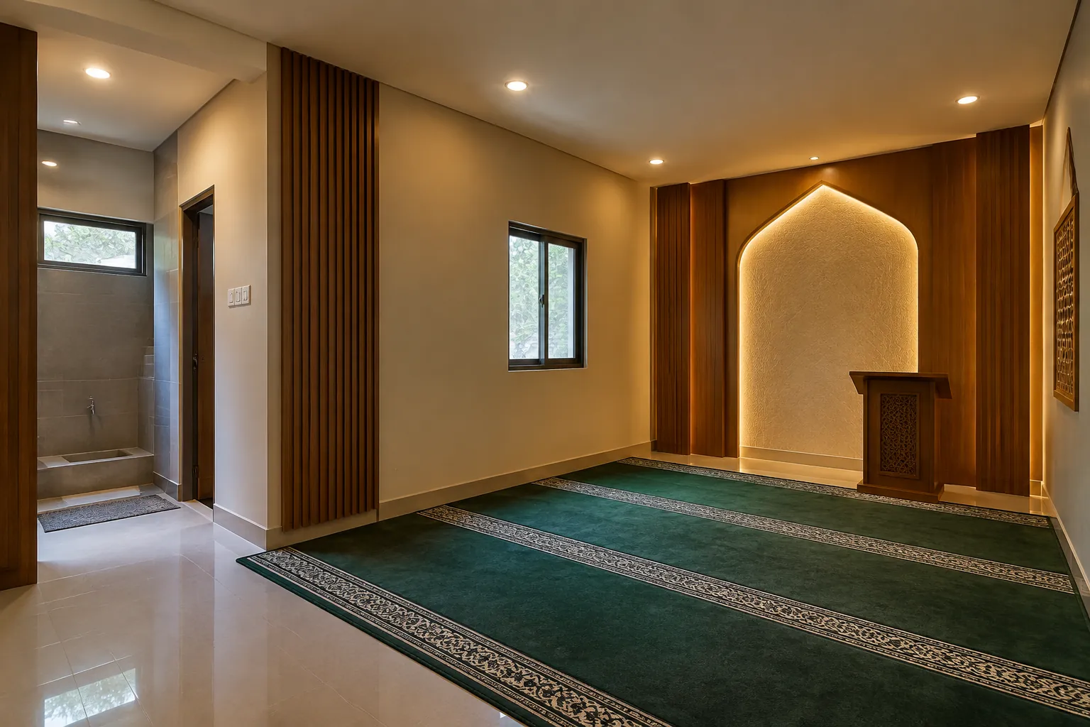 Mushola dengan lampu plafon dan pencahayaan pada dinding mihrab