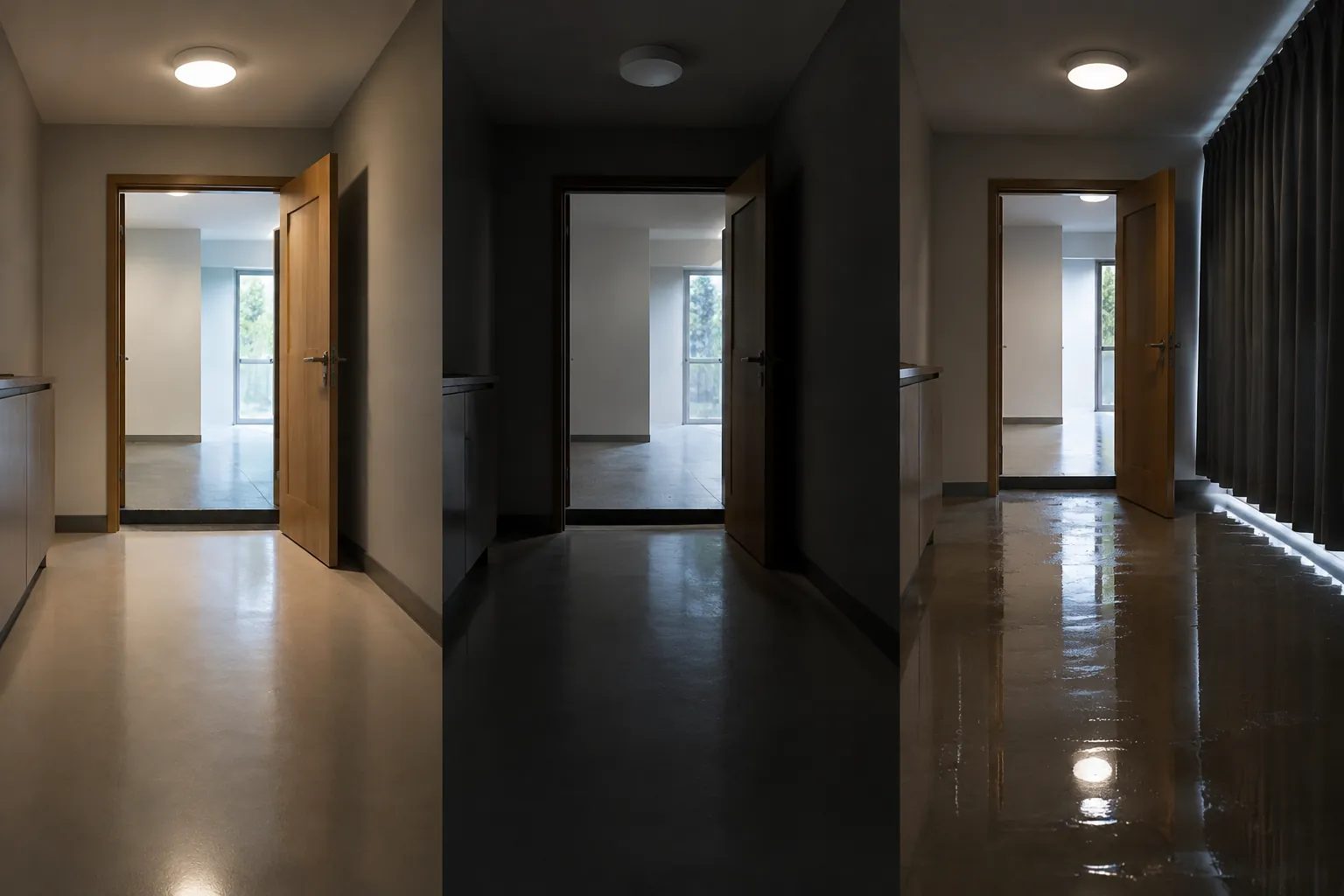 Lorong rumah dengan dua kondisi pencahayaan