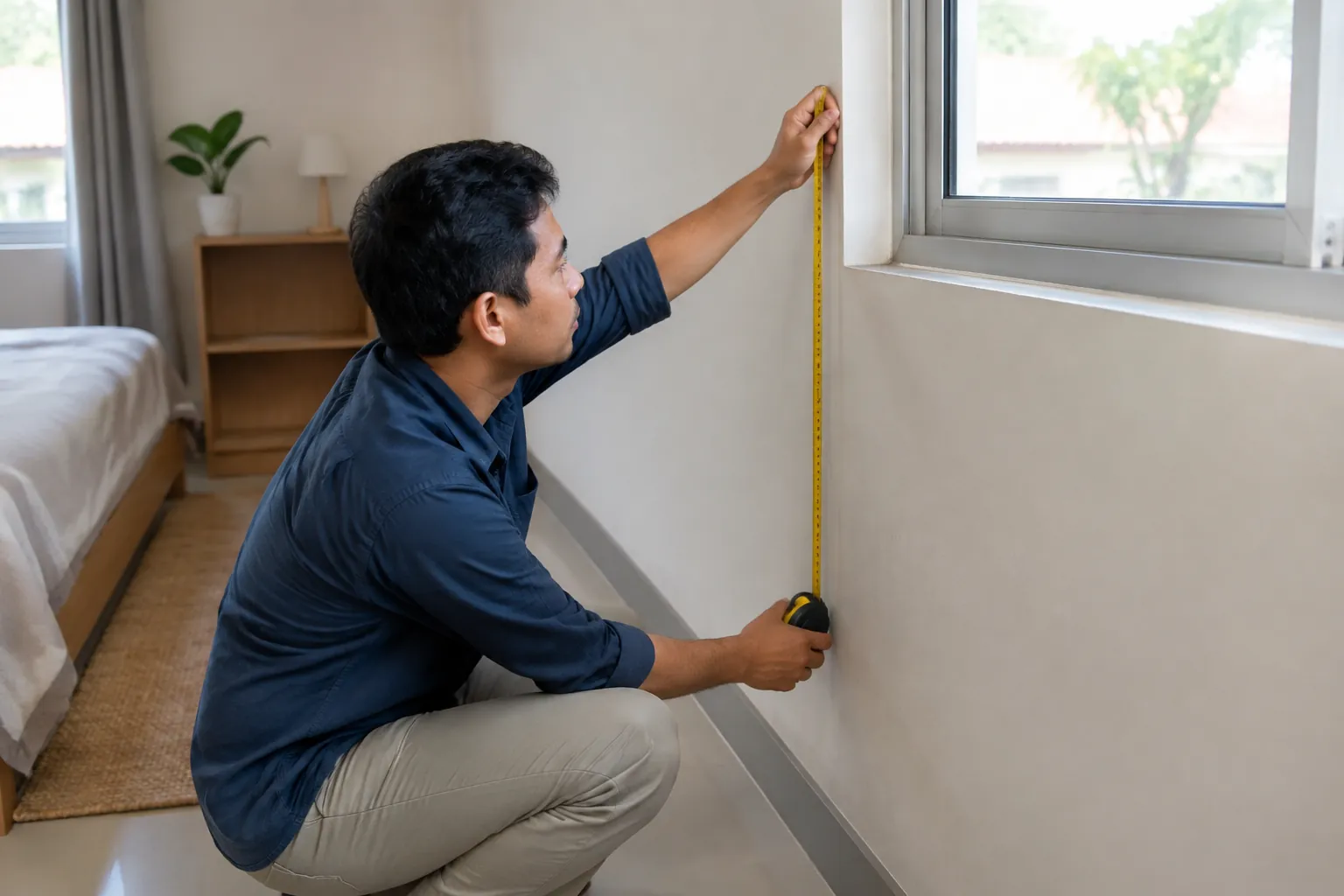 Seseorang mengukur ruang dinding di dekat jendela kamar