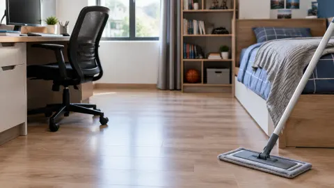 Alat pel dan kursi kerja di lantai kamar remaja