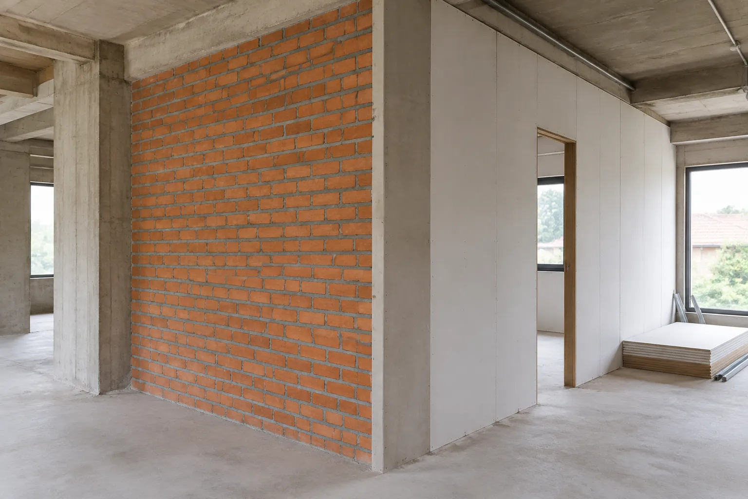 Bidang dinding bata dan panel putih pada rumah yang sedang dibangun