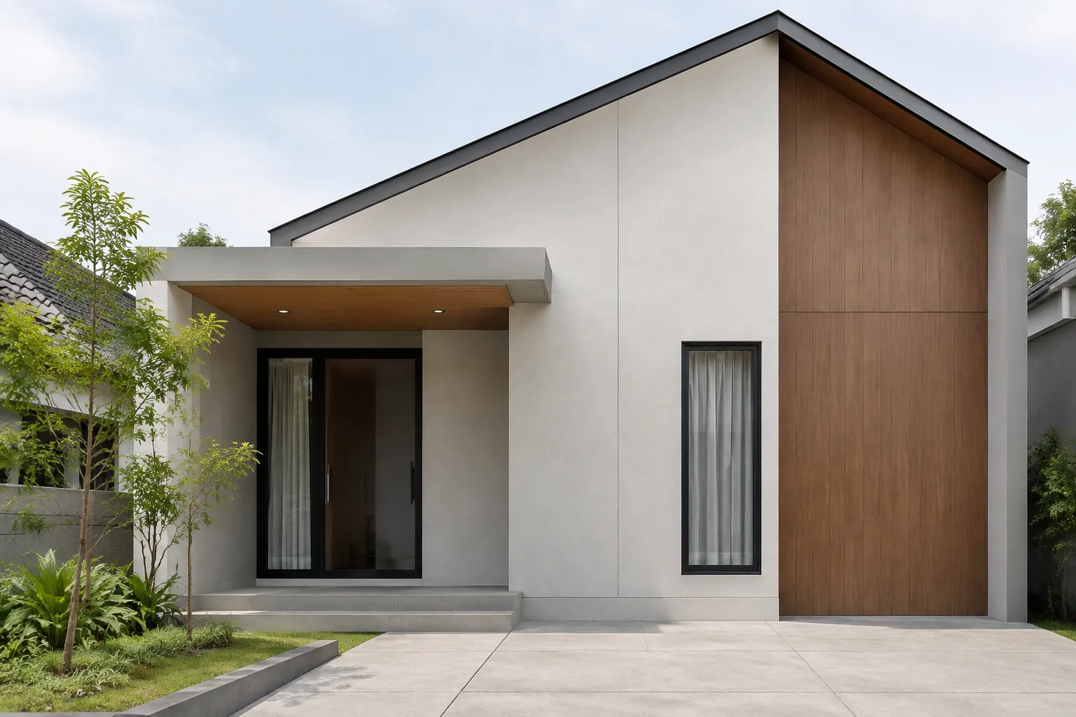 Rumah berdinding terang dengan satu bidang aksen kayu