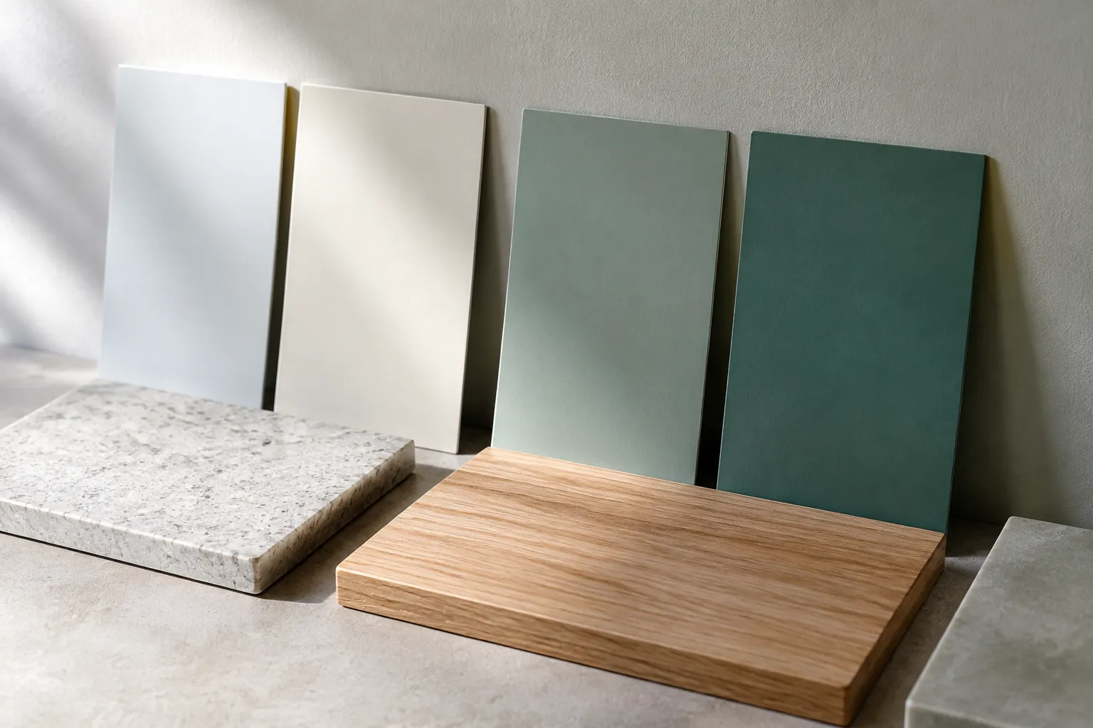 Sampel warna putih, hijau, dan kayu di meja