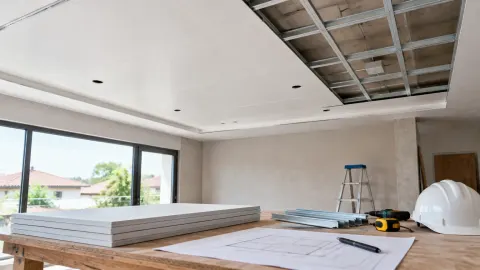Papan plafon dan rangka yang terbuka pada ruang dalam pengerjaan