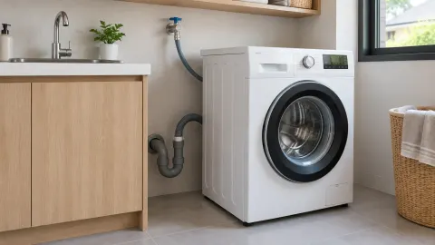 Selang dan pipa mesin cuci di bawah bak laundry