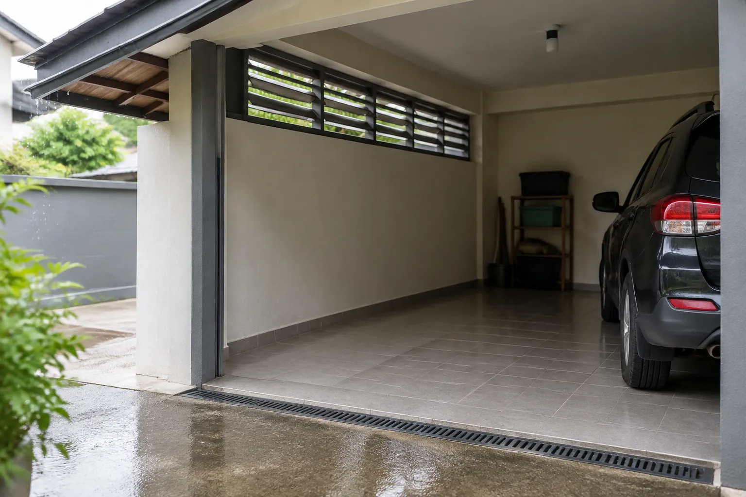 Garasi dengan kisi dinding dan saluran di depan lantai