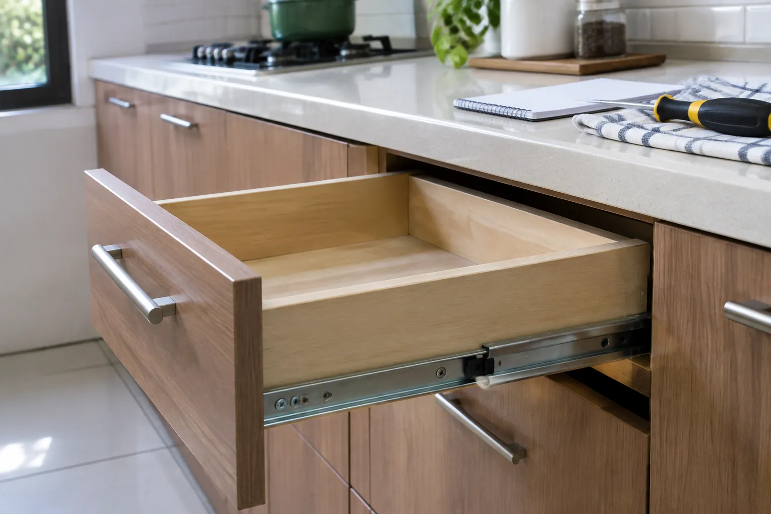 Dua laci kayu terbuka pada kabinet dapur