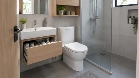 Kabinet wastafel dengan laci penyimpanan terbuka di kamar mandi