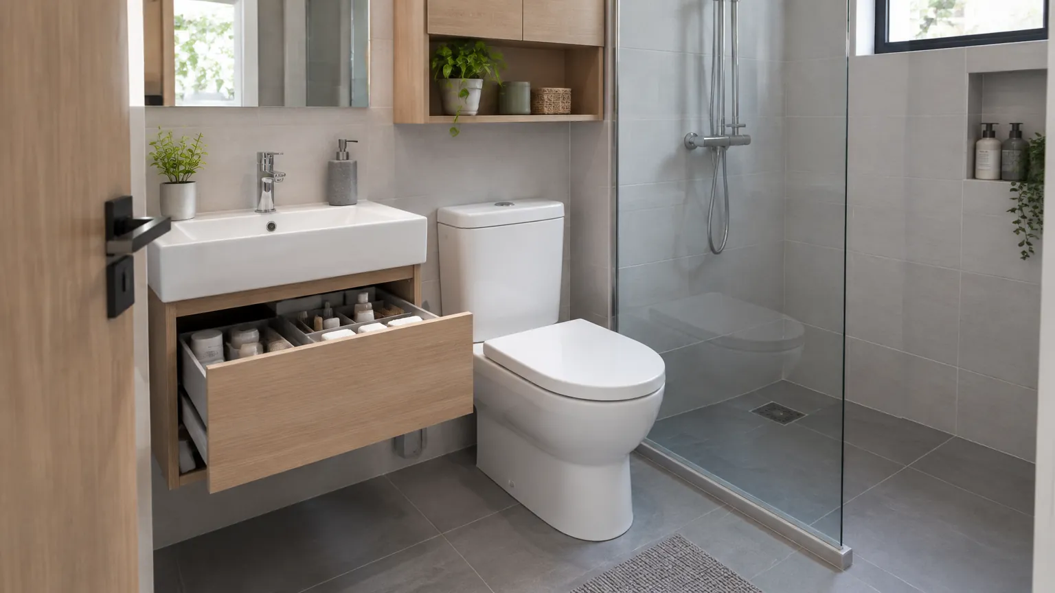Kabinet wastafel dengan laci penyimpanan terbuka di kamar mandi