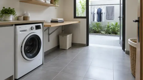 Ruang laundry dengan mesin cuci dan lantai keramik abu-abu