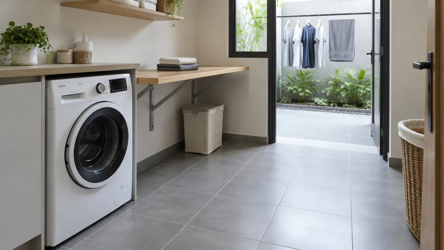 Ruang laundry dengan mesin cuci dan lantai keramik abu-abu