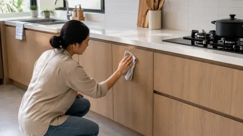 Seseorang mengelap pintu lemari dapur kayu