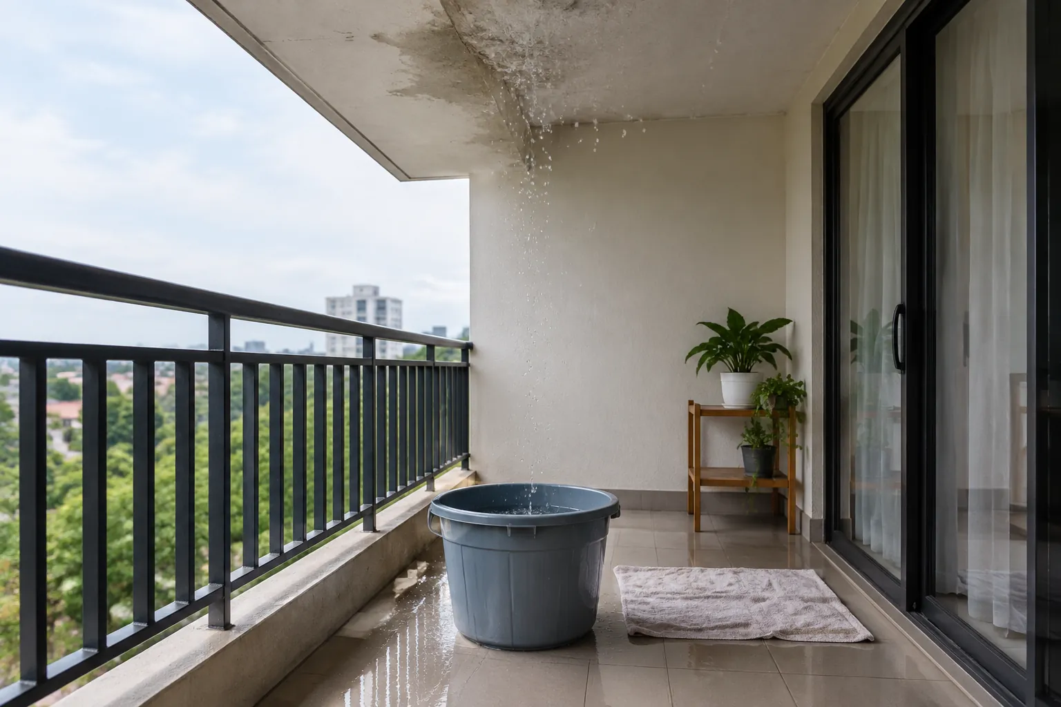 Ember menampung air di bawah noda lembap pada plafon balkon