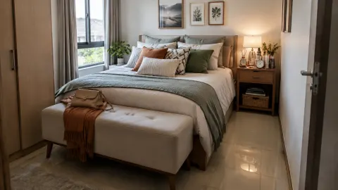 Tempat tidur dengan banyak bantal, bangku di kaki ranjang dan nakas penuh barang.