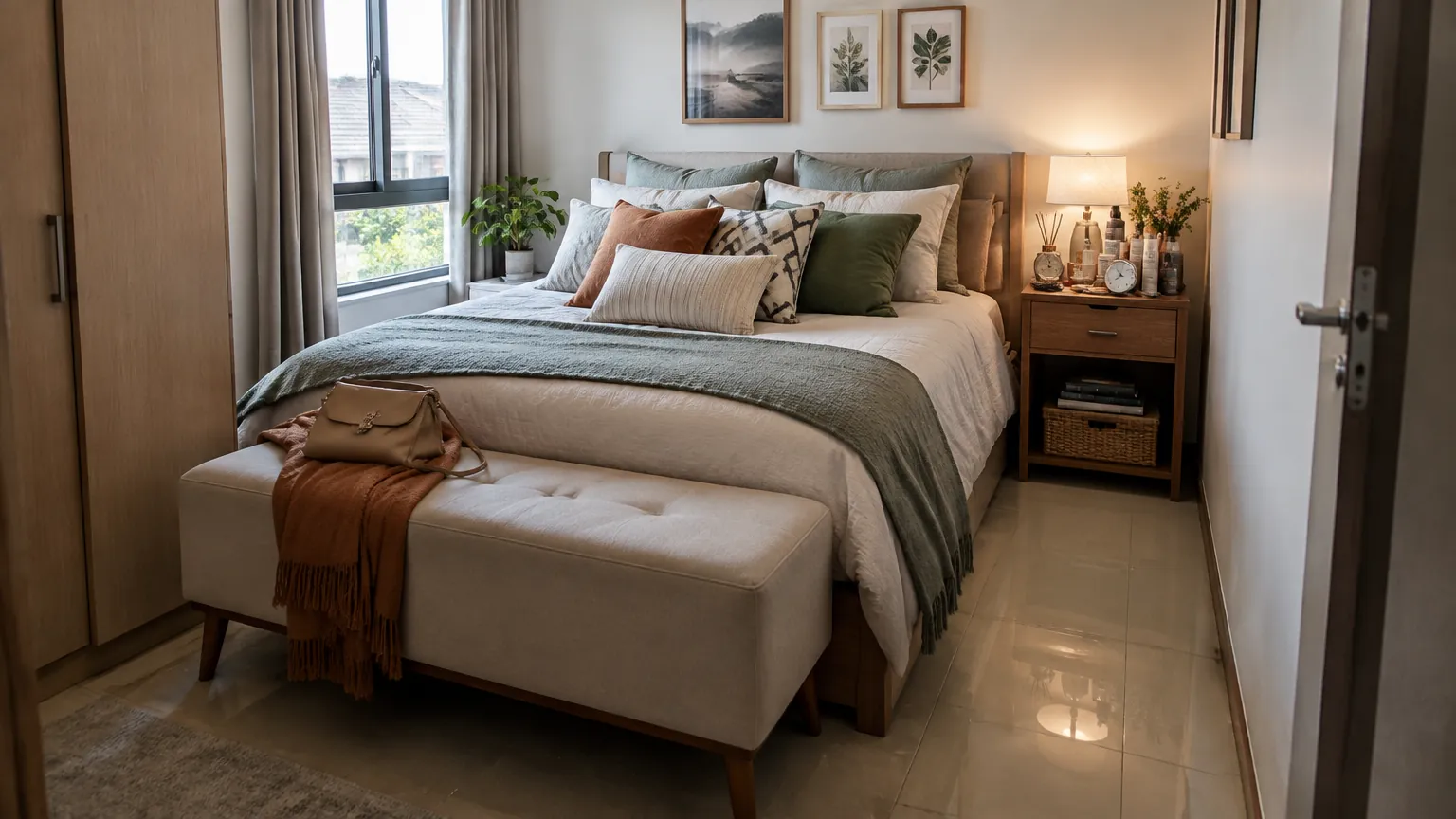 Tempat tidur dengan banyak bantal, bangku di kaki ranjang dan nakas penuh barang.