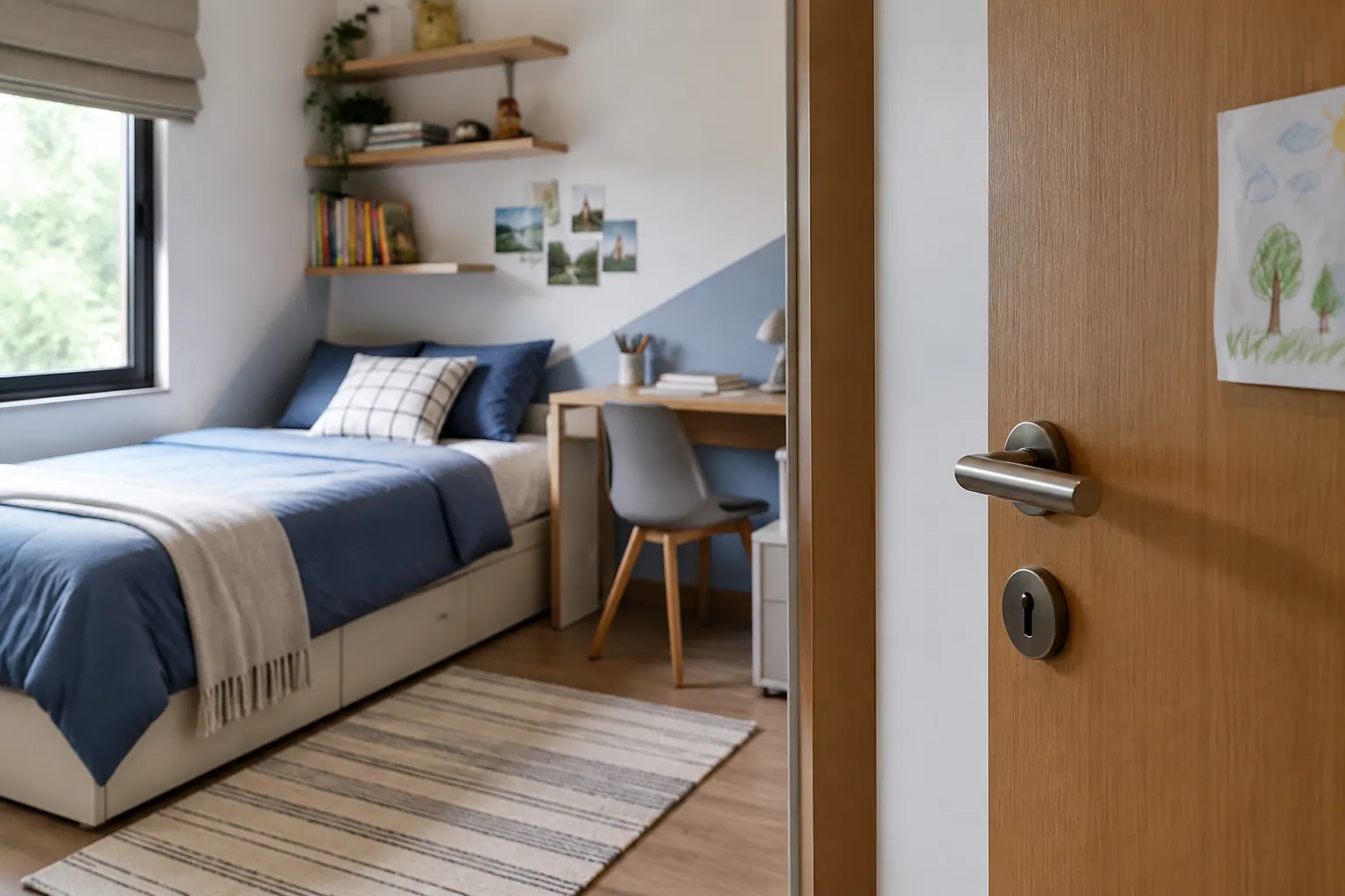 Tempat tidur terlihat dari pintu kamar anak yang terbuka