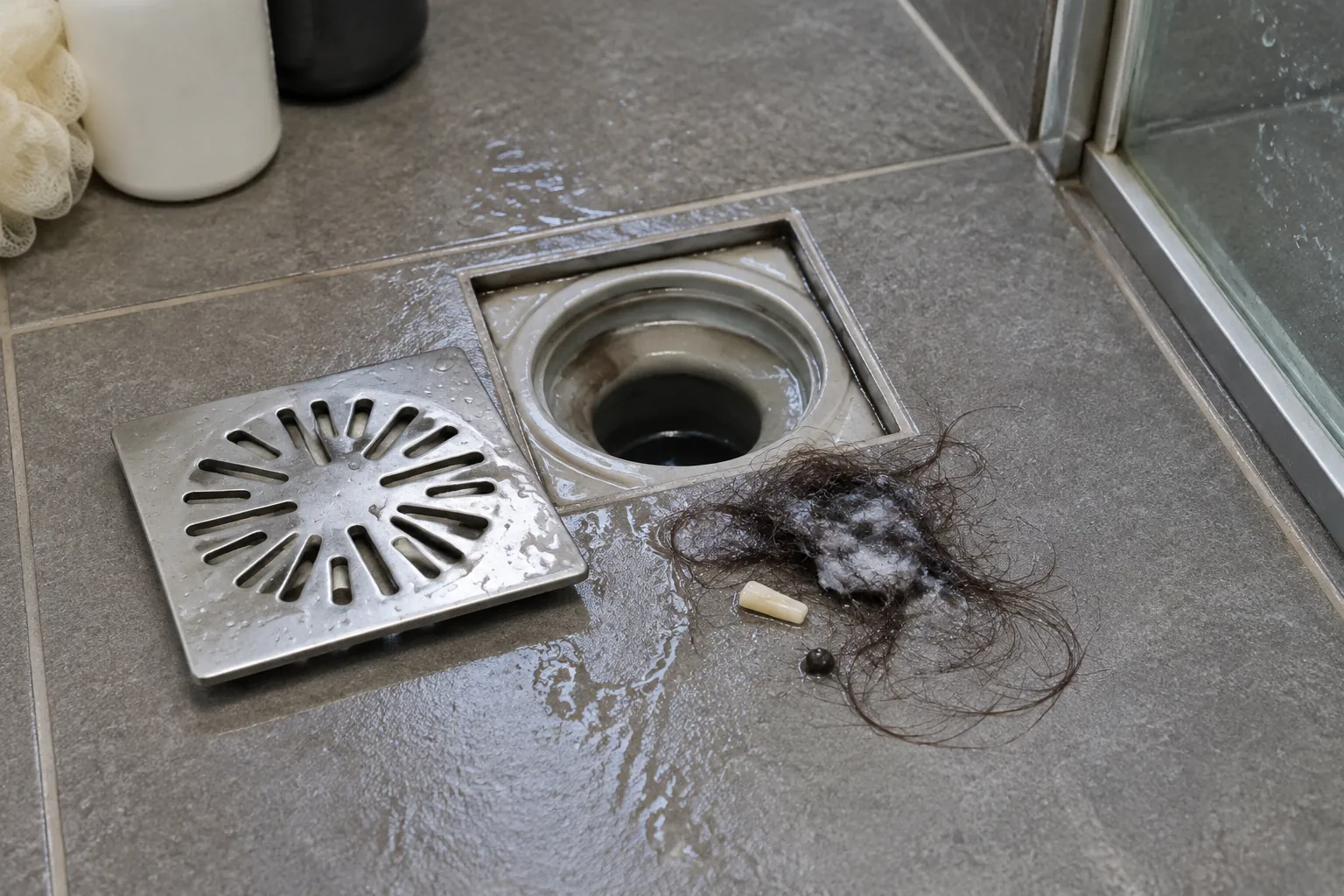 Rambut dan residu di sekitar saringan floor drain