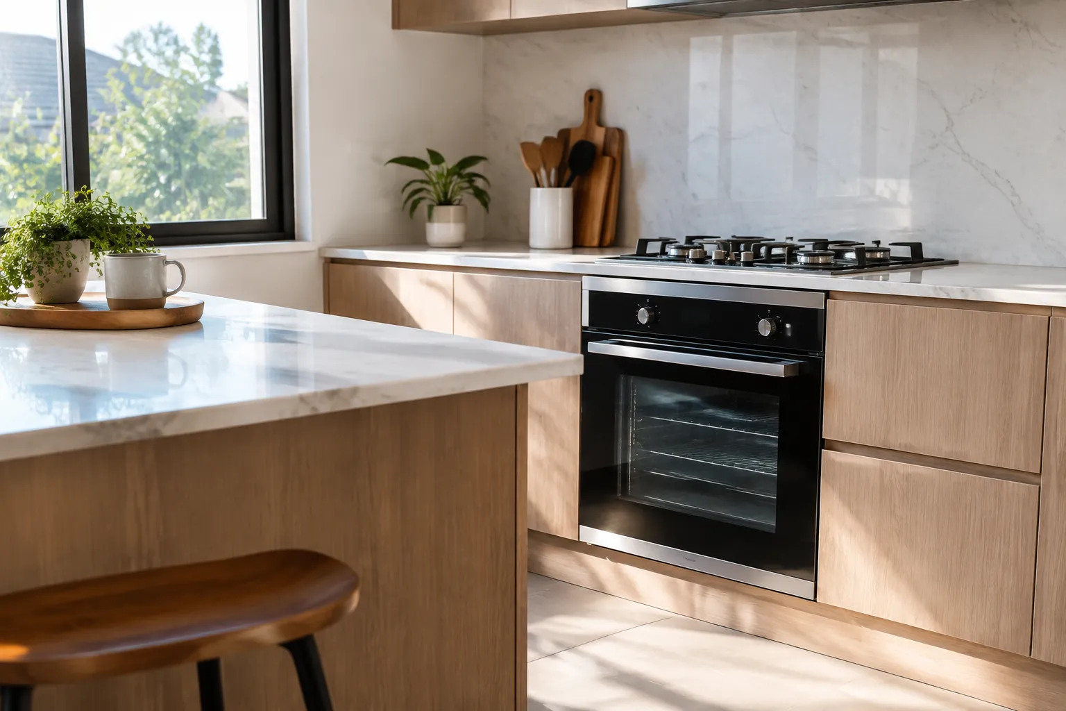 Kompor dan oven berada di dekat panel kabinet kayu