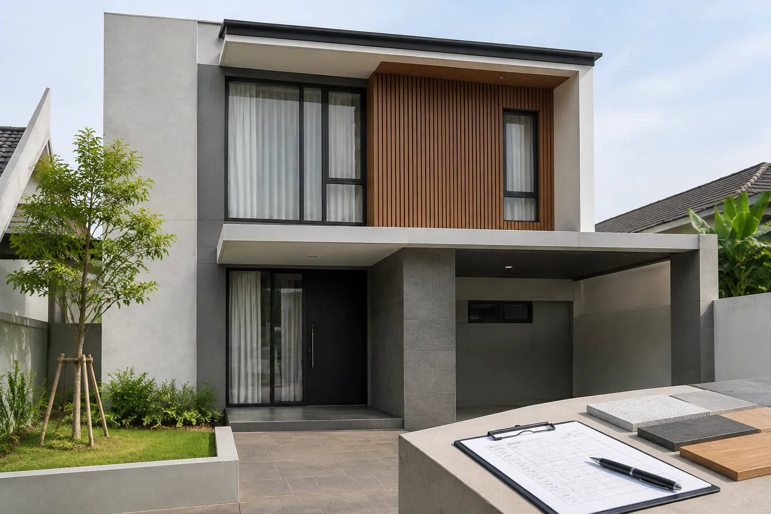 Fasad rumah minimalis dengan warna terang dan panel kayu