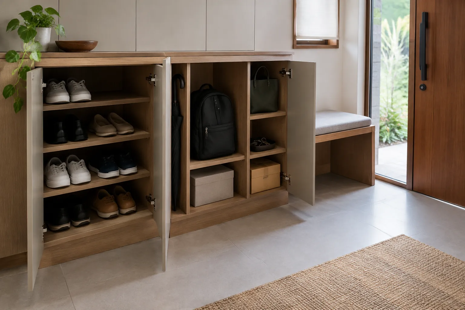 Kabinet terbuka untuk sepatu dan tas di foyer