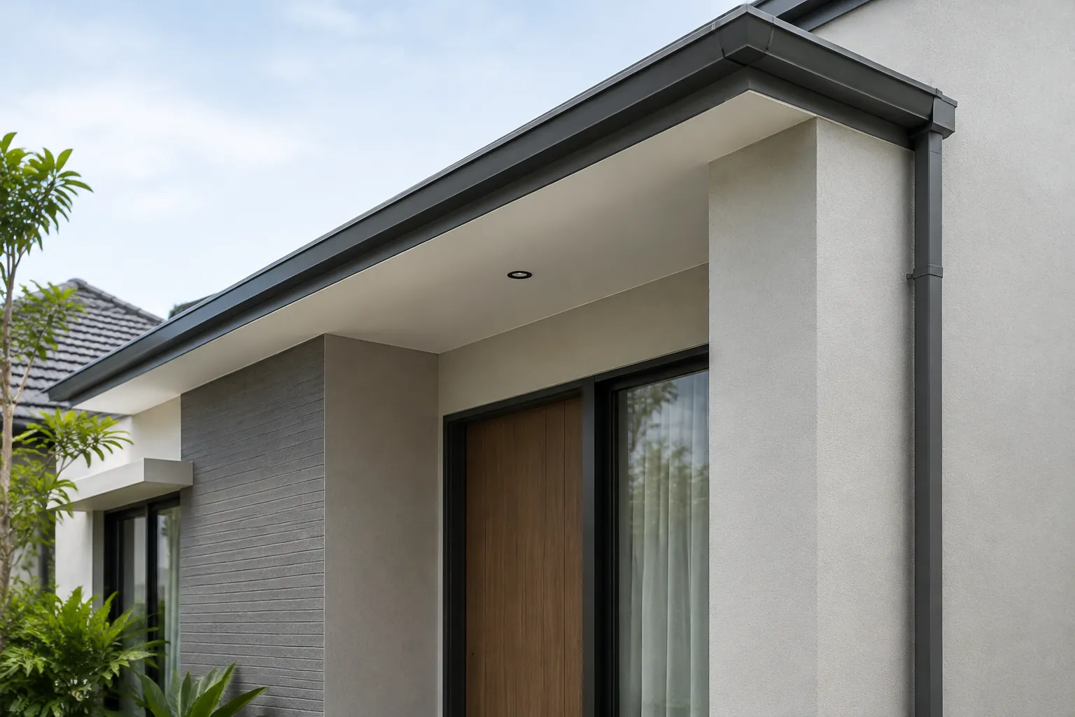 Detail atap dan dinding luar rumah berwarna abu-abu