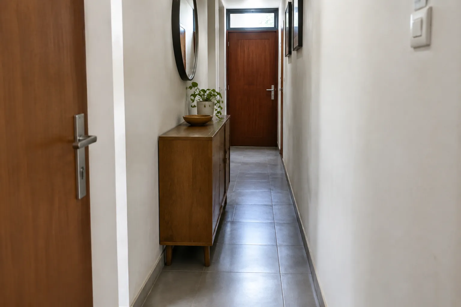Lorong sempit dengan meja konsol di salah satu sisinya