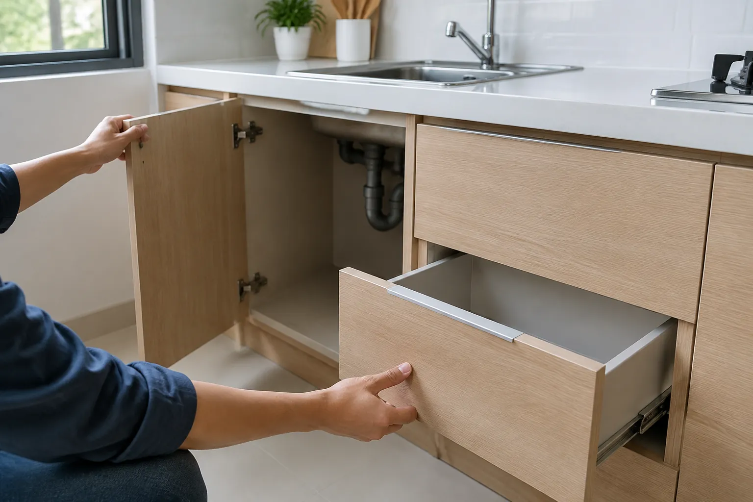 Seseorang membuka laci dapur untuk memeriksa kabinet